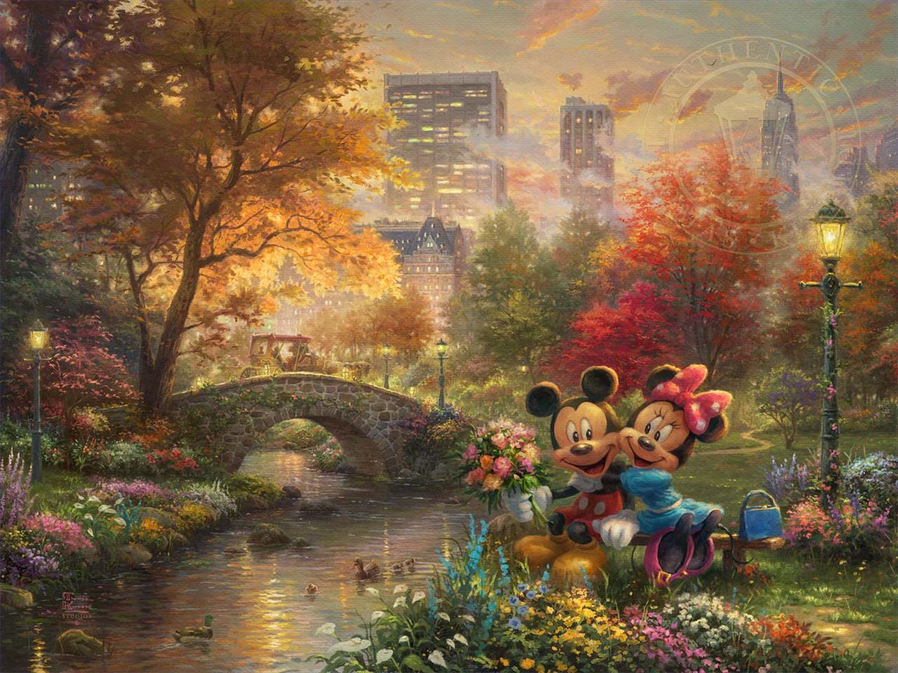 Micky und Minnie Sweetheart Central Park Thomas Kinkade Ölgemälde